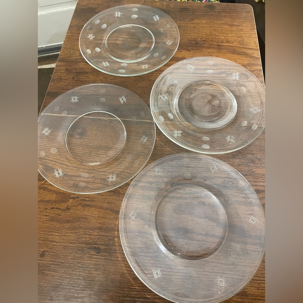 Plate set of 4 vintage glass appetizer plates dot & octothorpe hashtag pattern